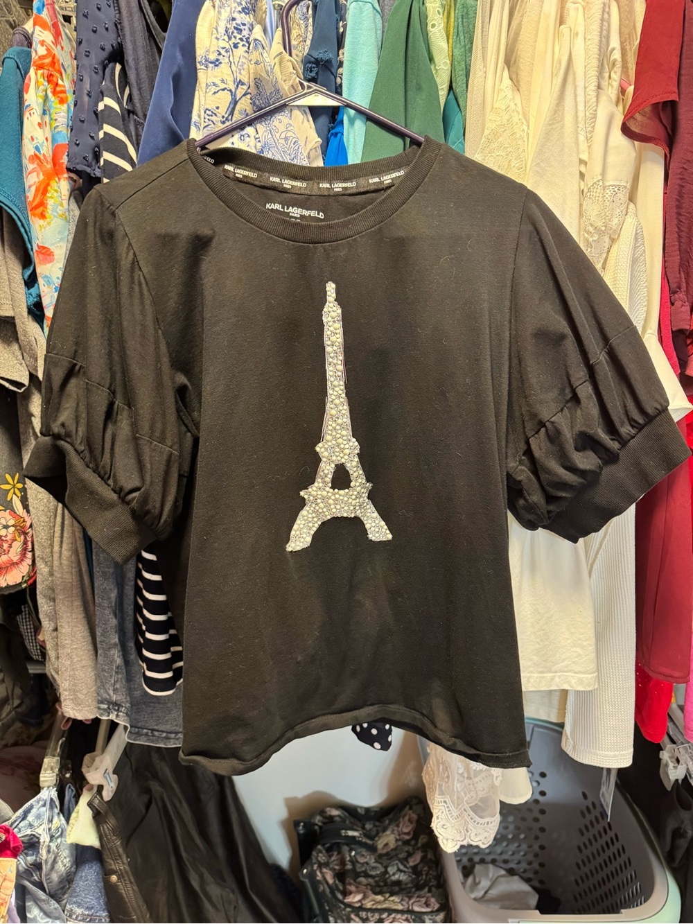 Karl Lagerfeld adult size large Black Eiffel Tower Embellished Tee